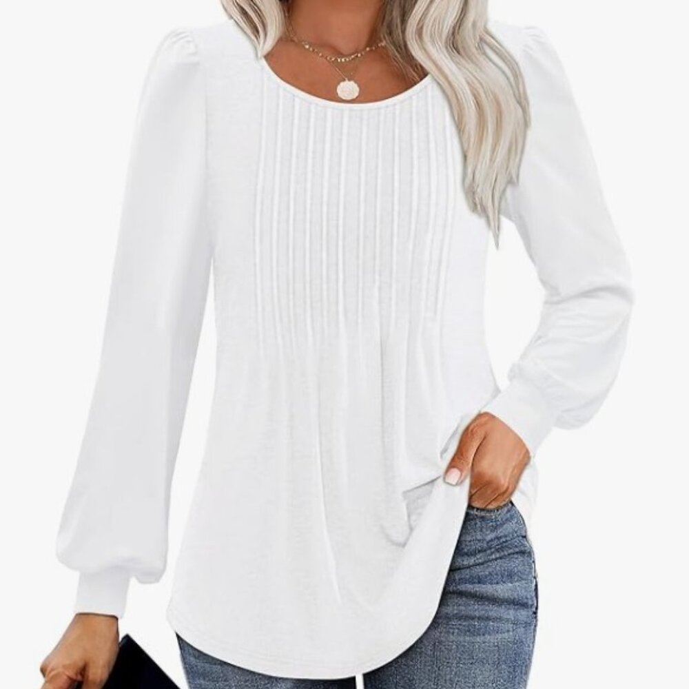 NWT 3 Women's Tunic Tops Pleated Crew Neck Puff Sleeve Blouses Dressy Casual
